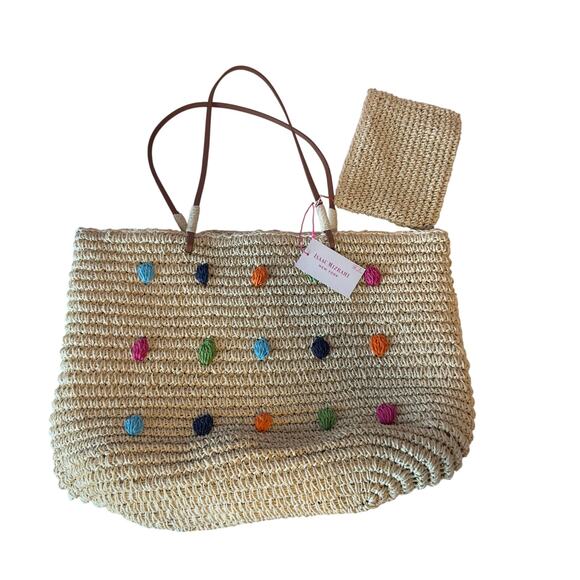 NWT Isaac Mizrahi New York Straw Tote w/ Matching Pouch Pom Poms Beach Vacation - Picture 1 of 6